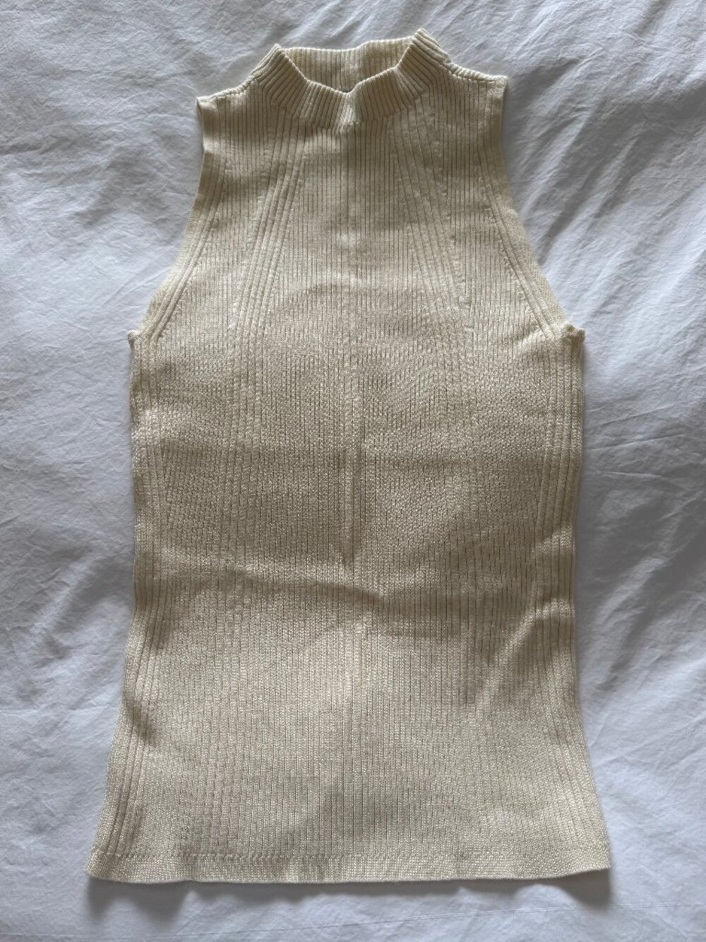 White House Black Market Cream Ribbed Knit Sleeveless Mock Neck Top — Size S